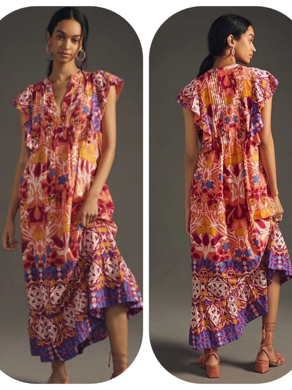 MAEVE Anthropologie CASSANDRA Maxi Dress Medium, Tiered, Flutter Sleeves